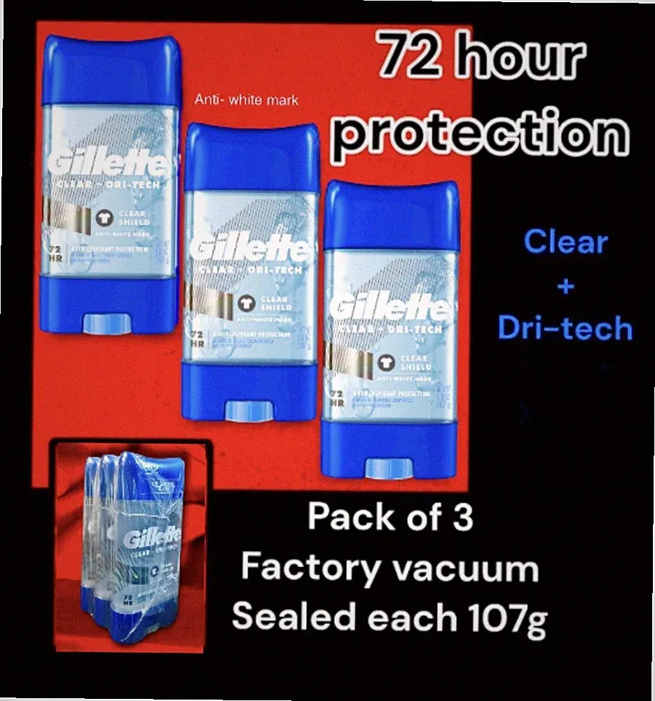 3 PACK * Gillette Clear + Dri-tech 72hr Antiperspirant Deodorant Gel ,107g each