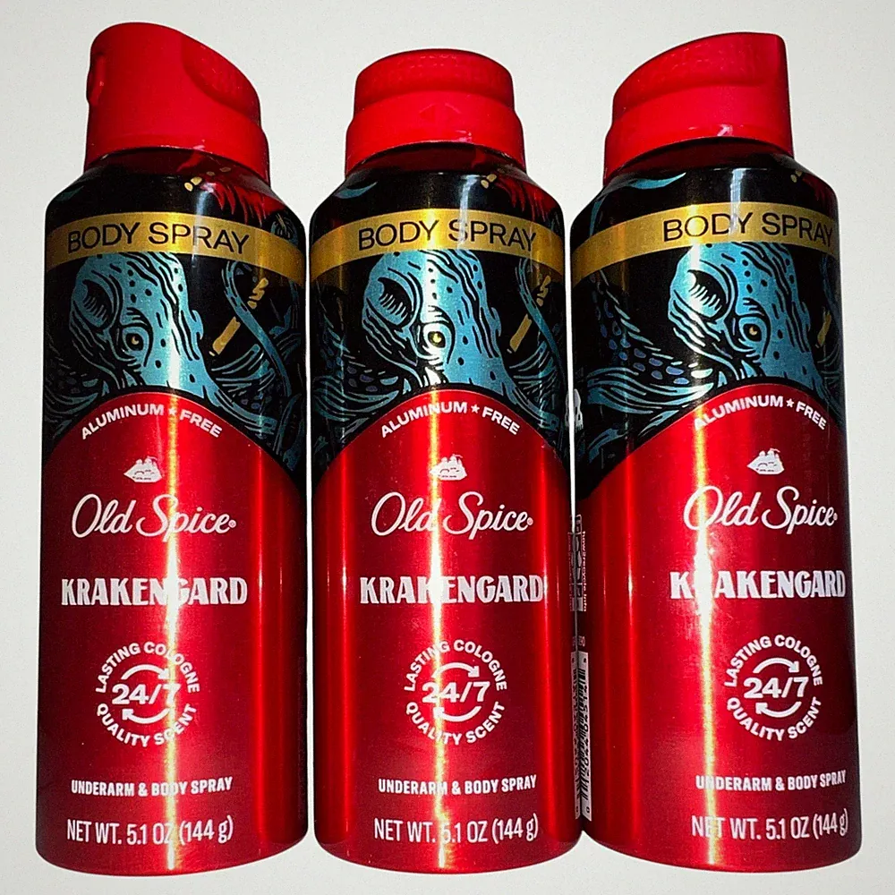 3x Old Spice Aluminum Free Body Spray Men Krakengard 5.1oz Fresh Scent