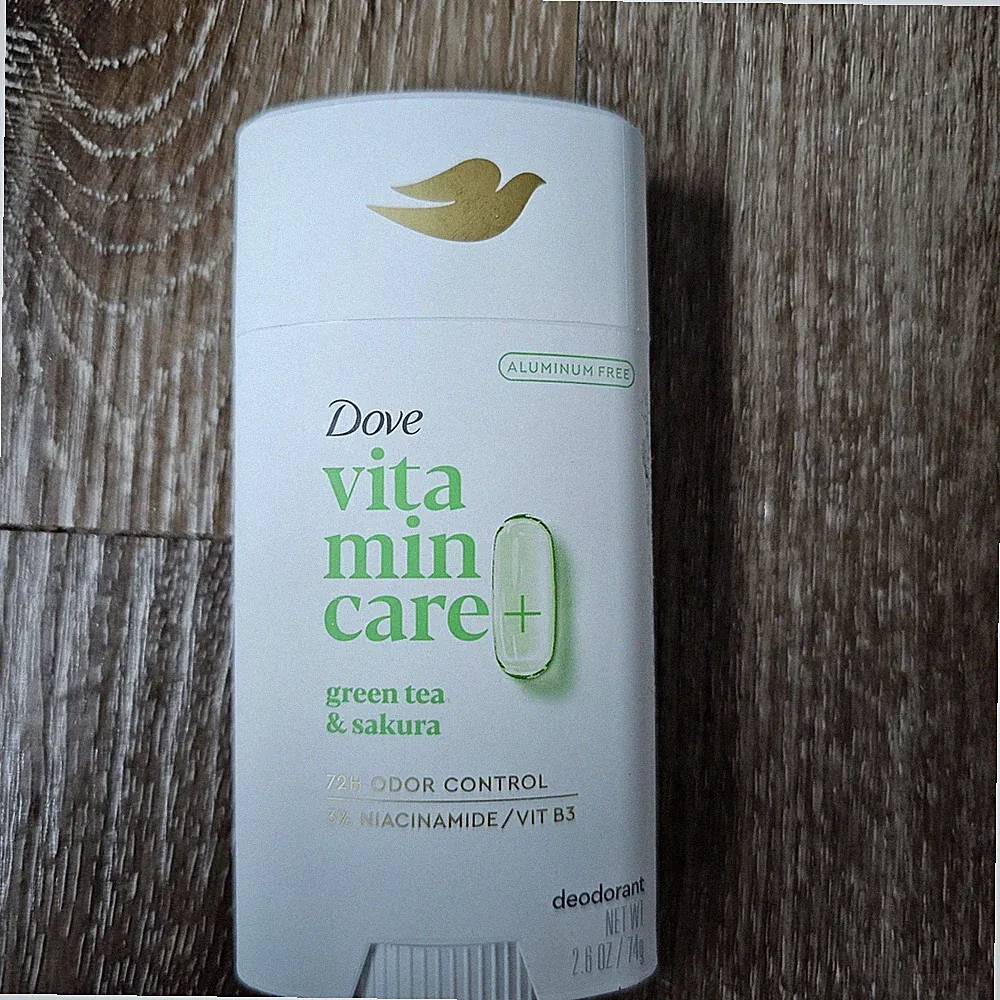 Dove VitaminCare+ Aluminum Free Deodorant Stick in Green Tea & Sakura scent.