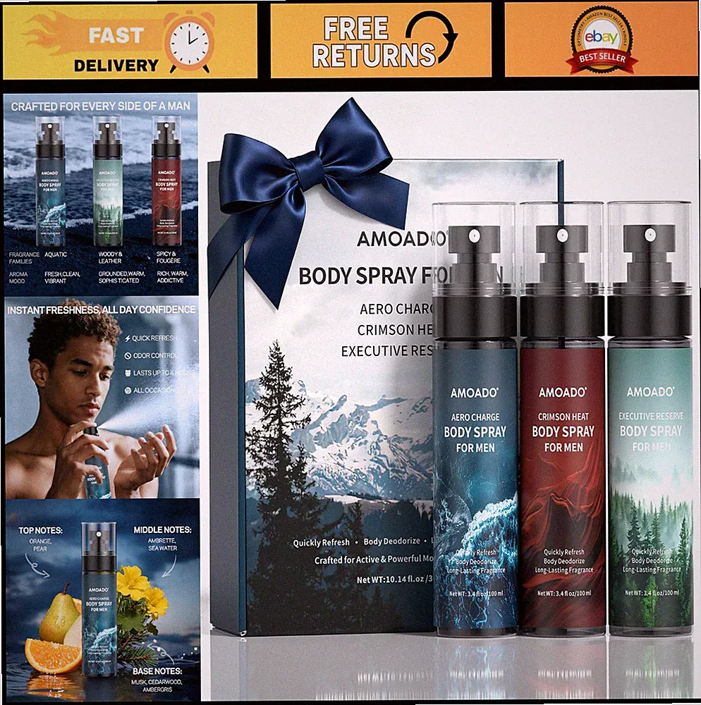 Men's Body Spray Set - Deodorizing Mist, Aluminum-Free Cologne, 3.4 fl oz, Woody