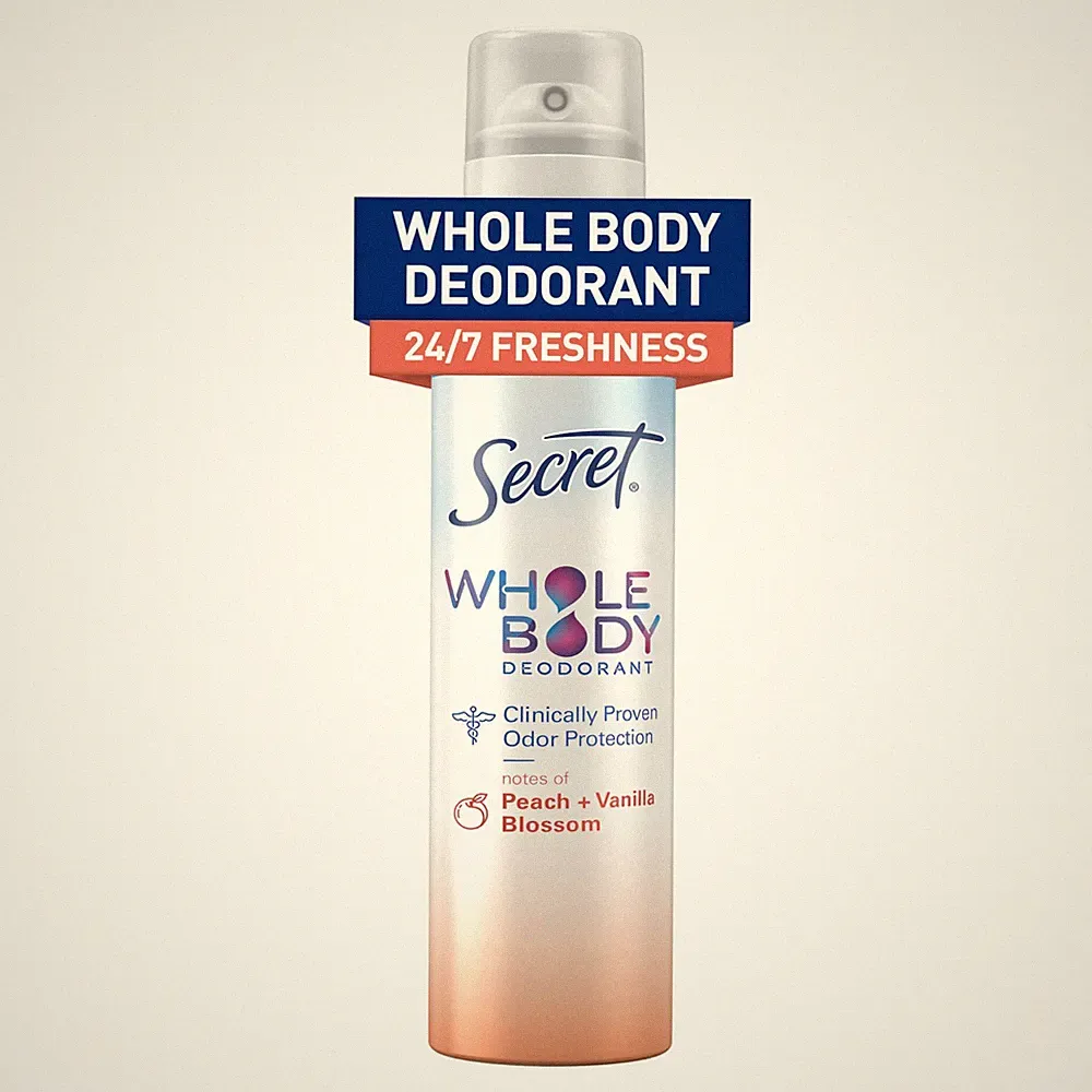 Secret Whole Body Deodorant Spray Peach & Vanilla Scent Aluminum Free 3.5 oz